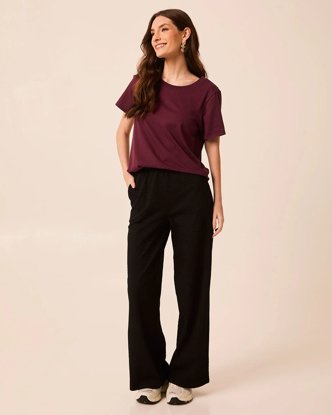 Calça Wide Leg Feminina Cós Elástico Bolso Faca Em Malha Viscose Canelada