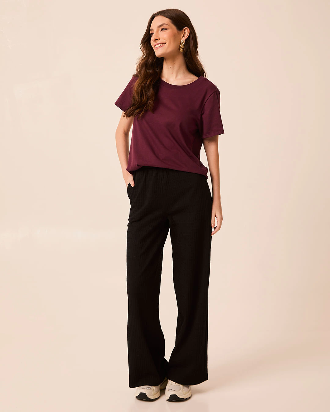 Calça Wide Leg Feminina Cós Elástico Bolso Faca Em Malha Viscose Canelada