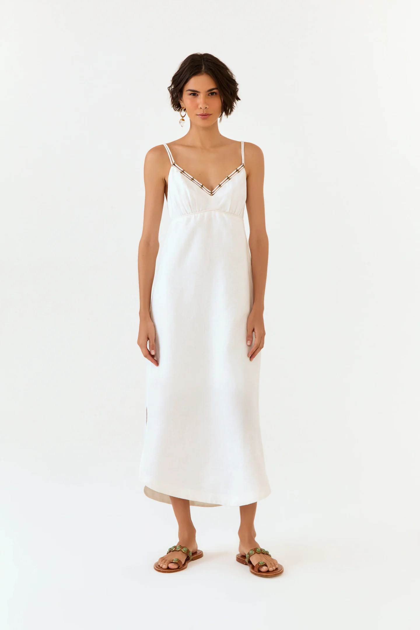 Vestido Midi Linho Decote Metais