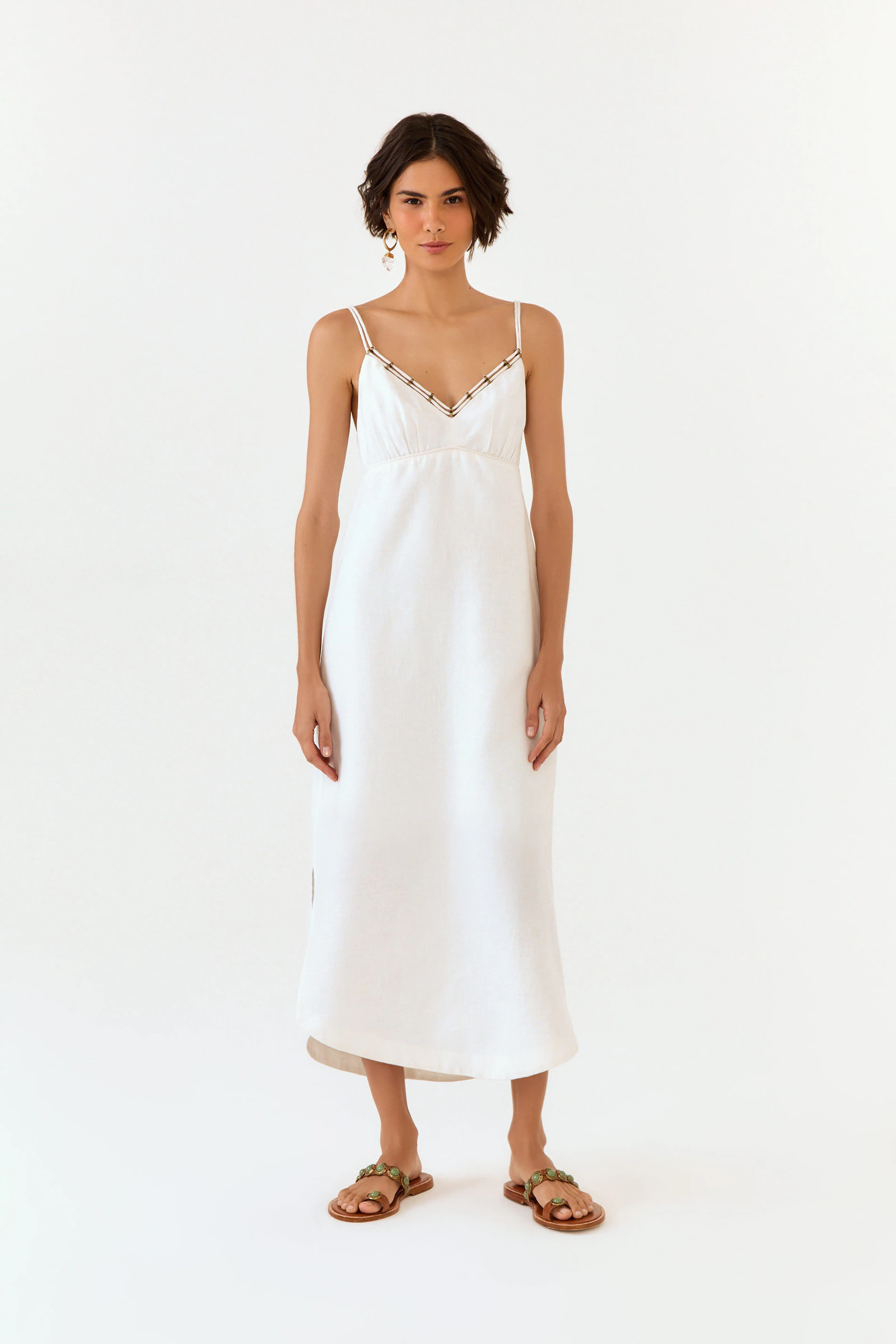 Vestido Midi Linho Decote Metais