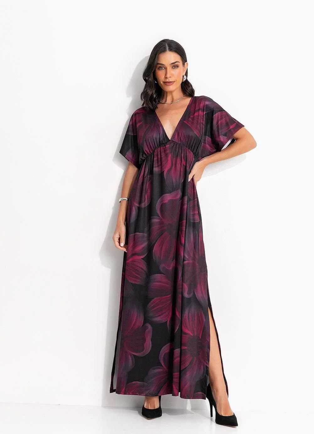 Quintess - Vestido Floral Bordô em Malha Fria