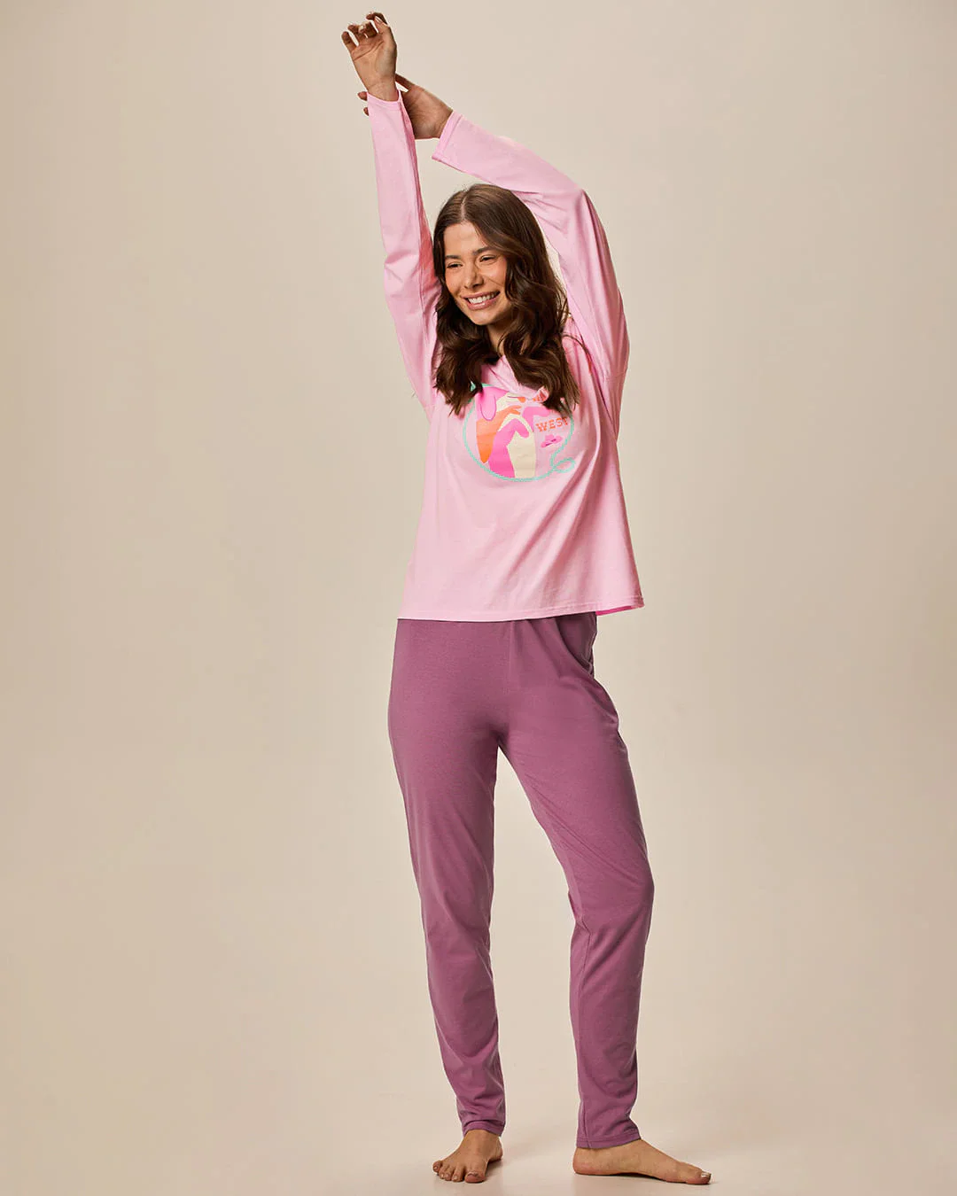 Pijama Longo Feminino Blusa Wild West Em Malha 100% Algodão