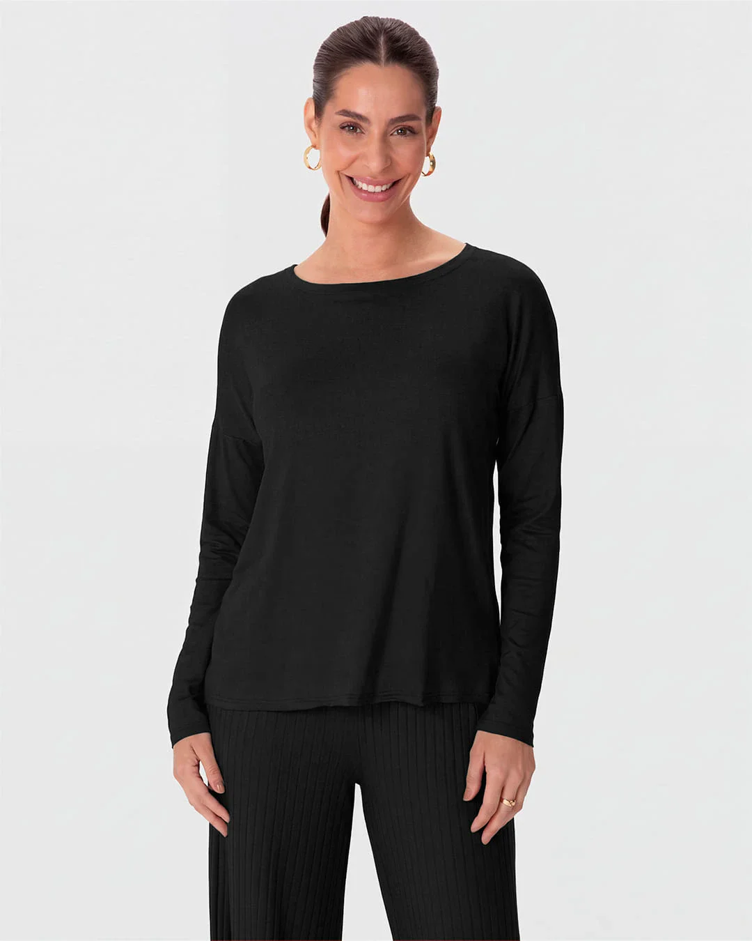 Blusa Básica Feminina Ampla Manga Longa Em Viscose Stretch