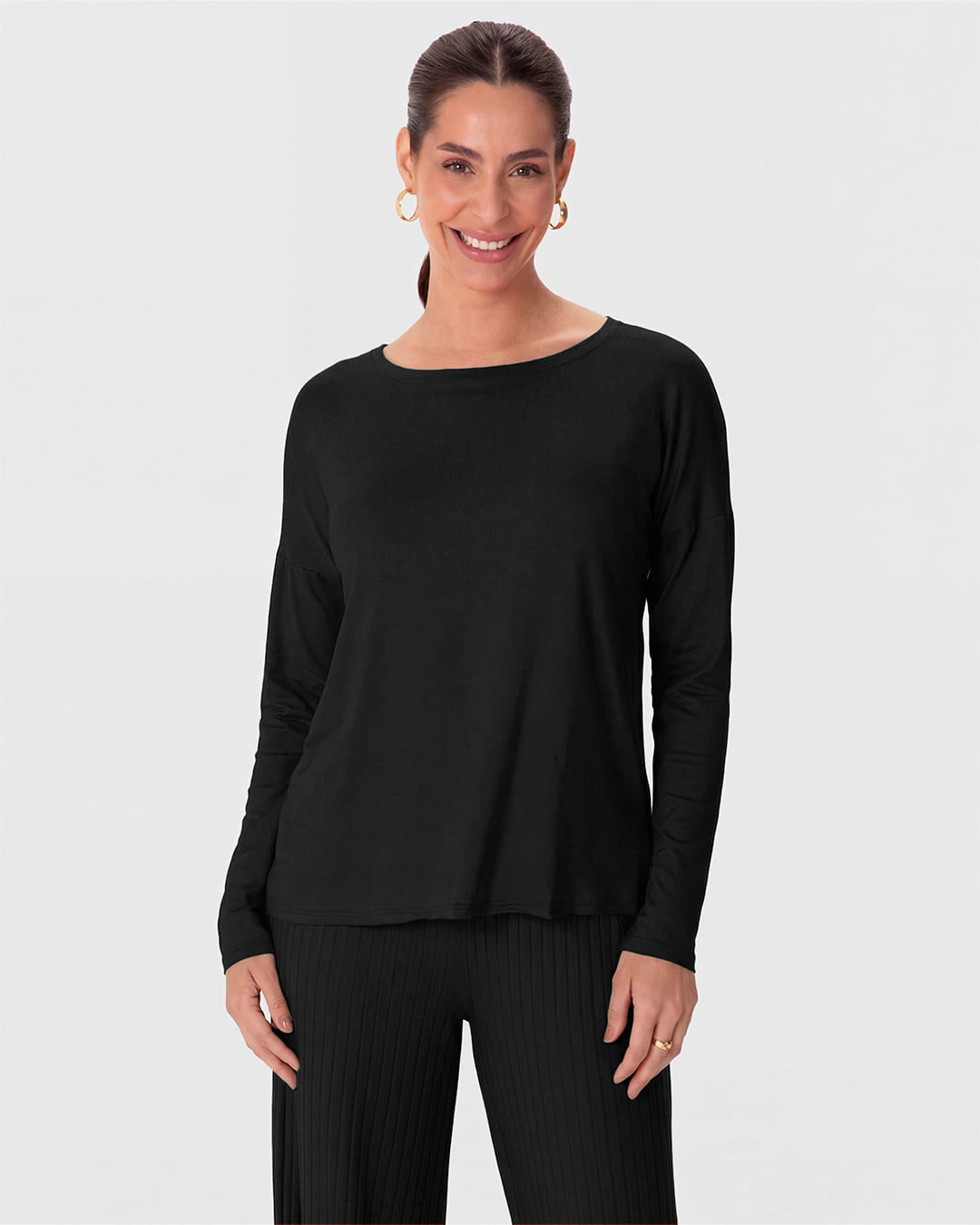 Blusa Básica Feminina Ampla Manga Longa Em Viscose Stretch