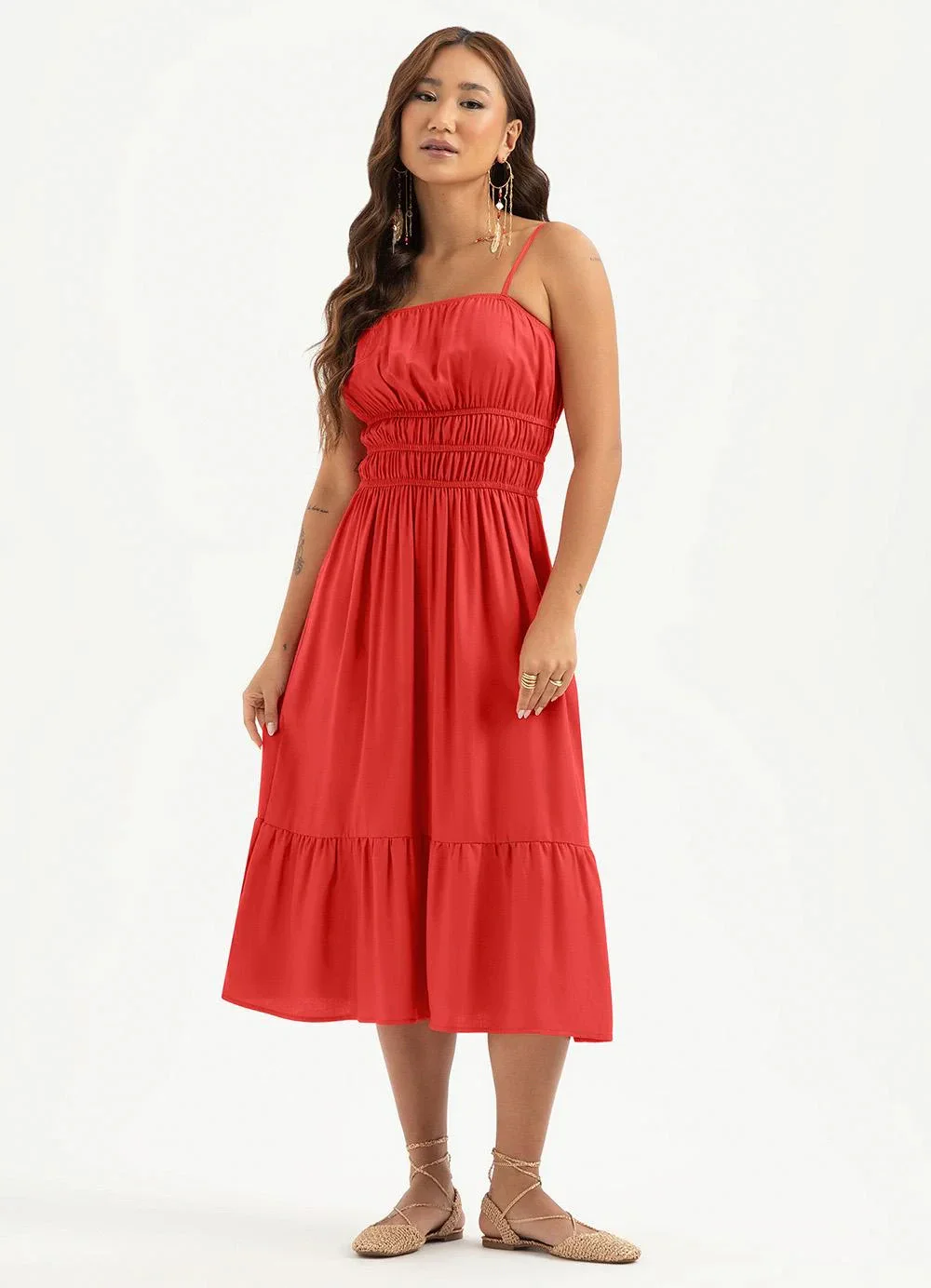 Cativa - Vestido Midi em Viscose Vermelho