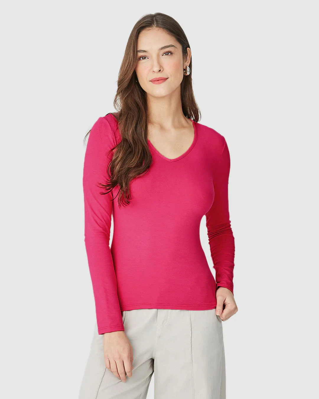 Blusa Básica Feminina Gola V Manga Longa Em Viscose Stretch