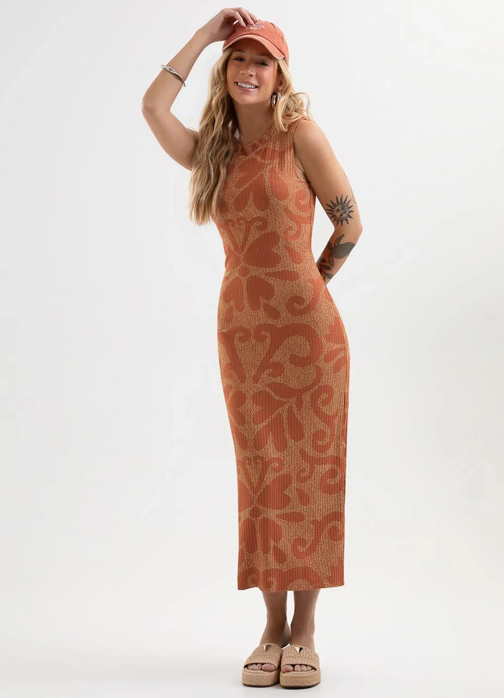 Cativa - Vestido Midi Estampado em Canelado Laranja