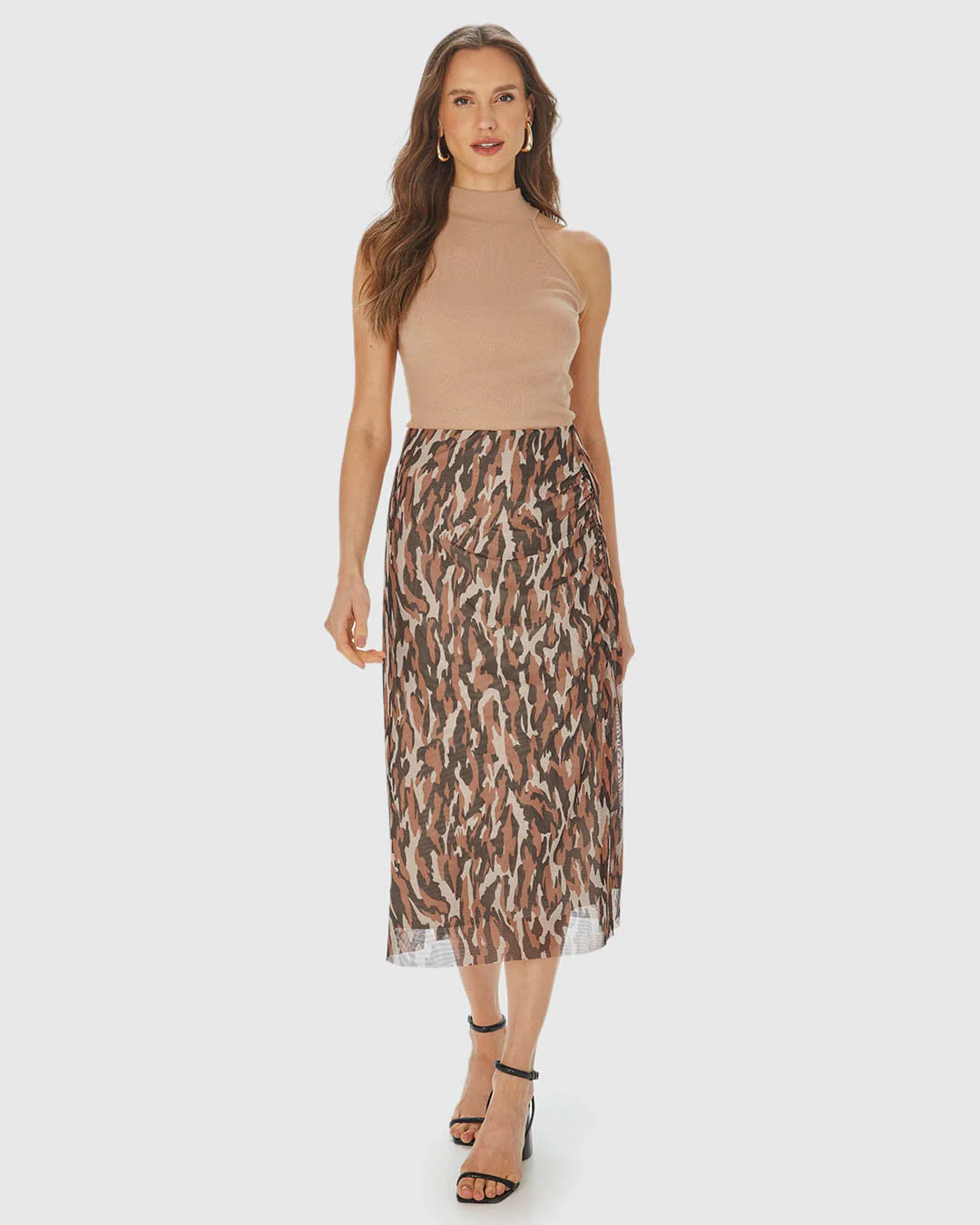Saia Reta Feminina Animal Print Fenda Lateral Em Tule Stretch
