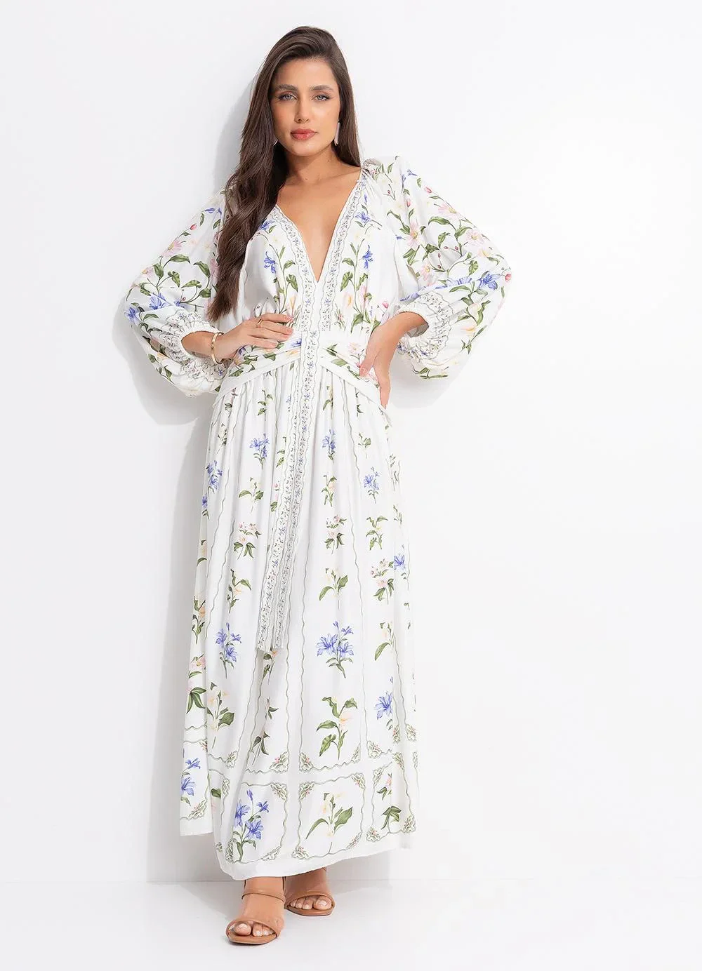 Farm - Vestido Longo Aquaflora Off White