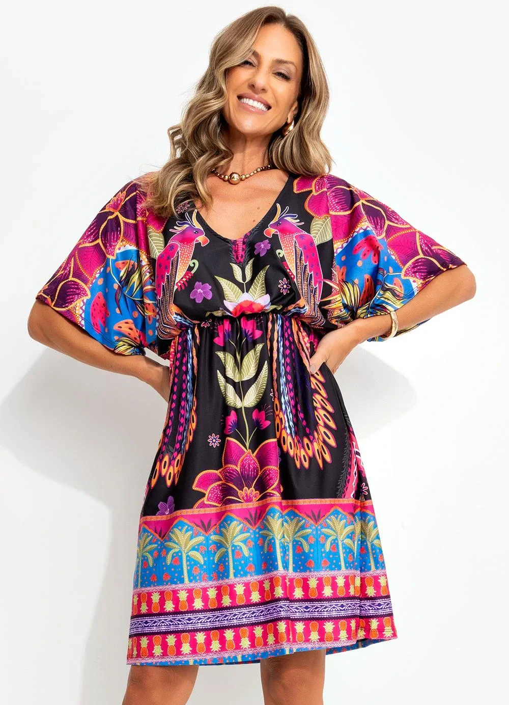 Quintess - Vestido Floral Tropical em Malha Fria