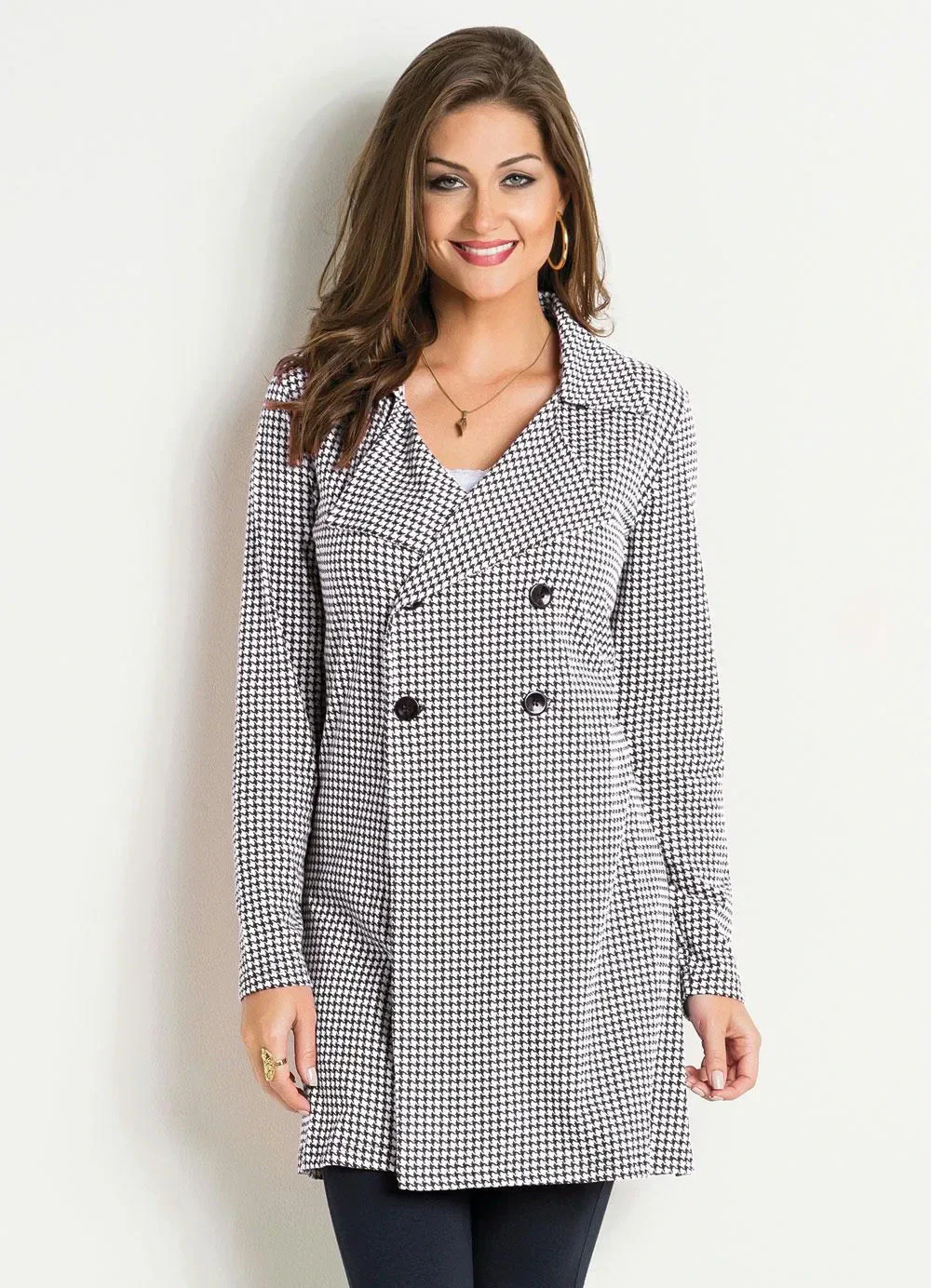 Moda Pop - Sobretudo Pied Poule Branca com Botões Frontais