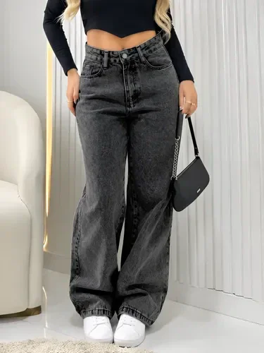 Calça Jeans Wide Leg Feminina Cintura Alta Pantalona