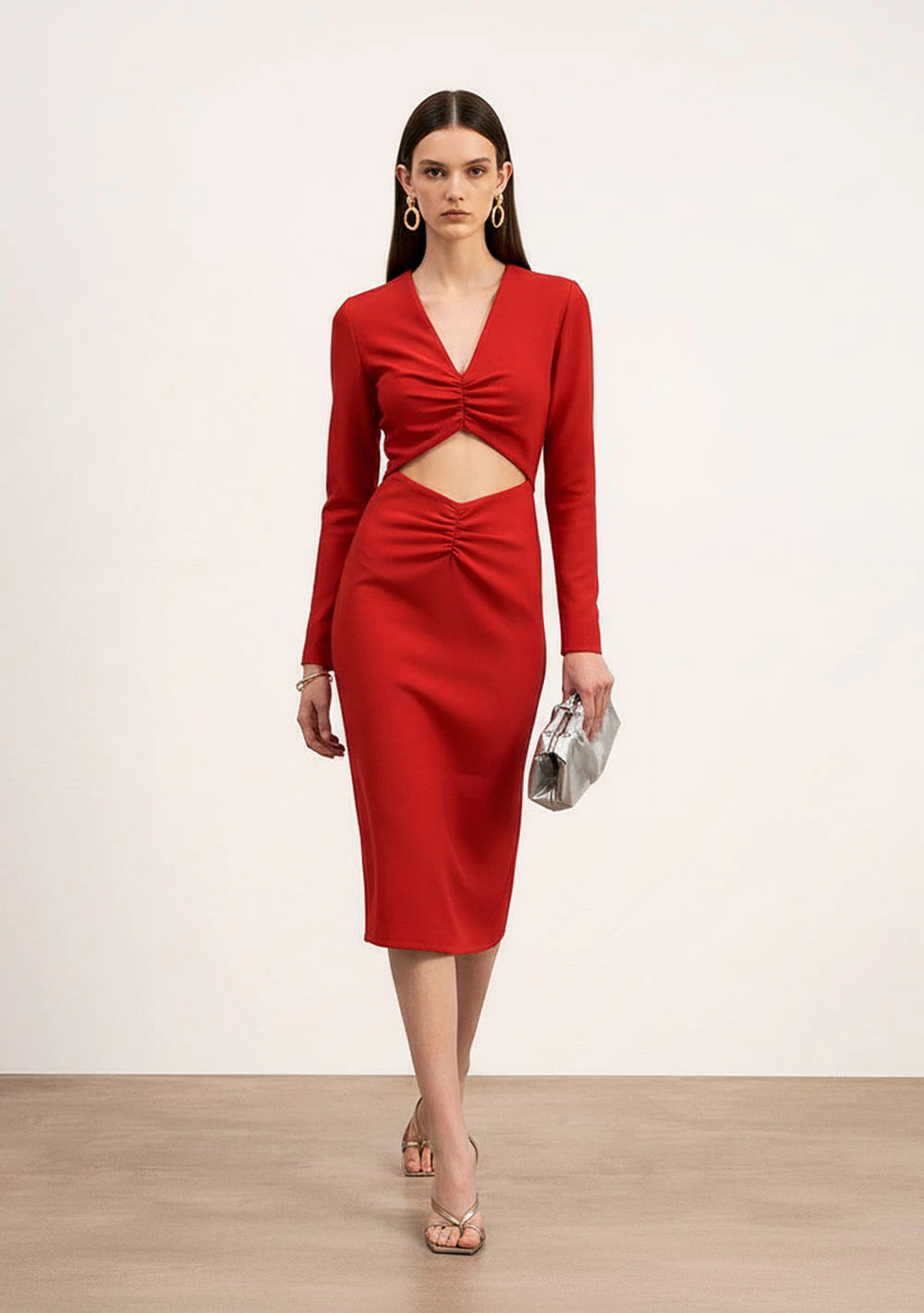 Vestido Ajustado Decote V Manga Longa Midi Vermelho
