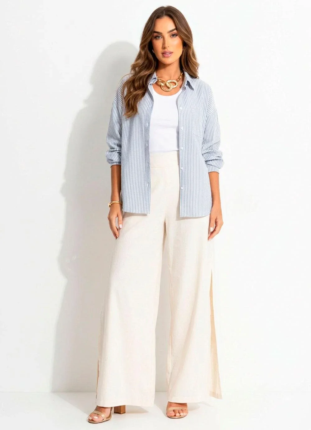 Quintess - Calça Off White Pantalona com Fendas