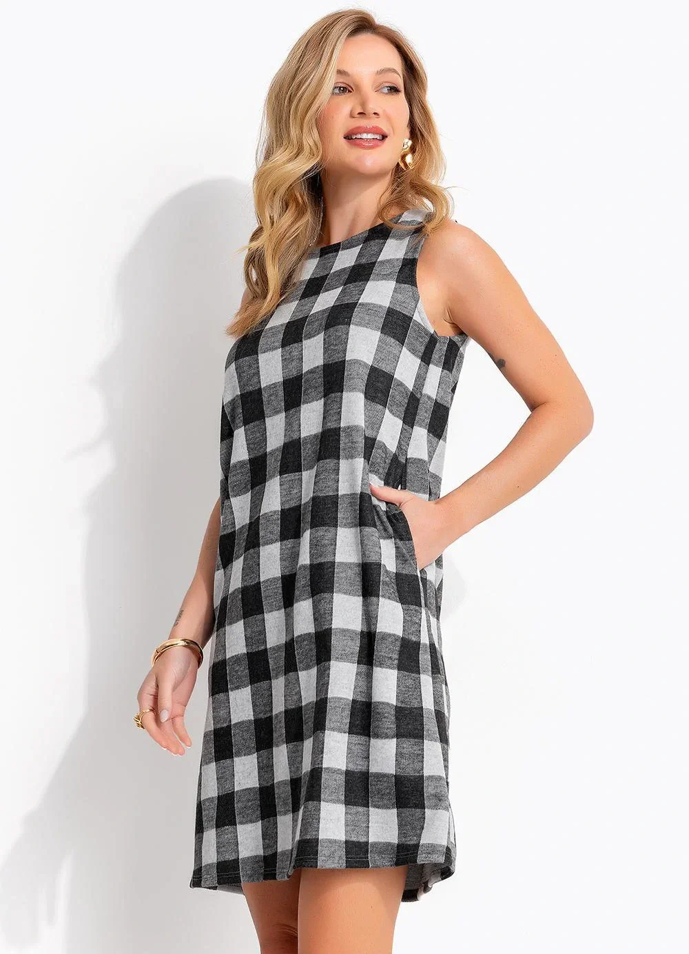 Quintess - Vestido Xadrez em Malha Flanela