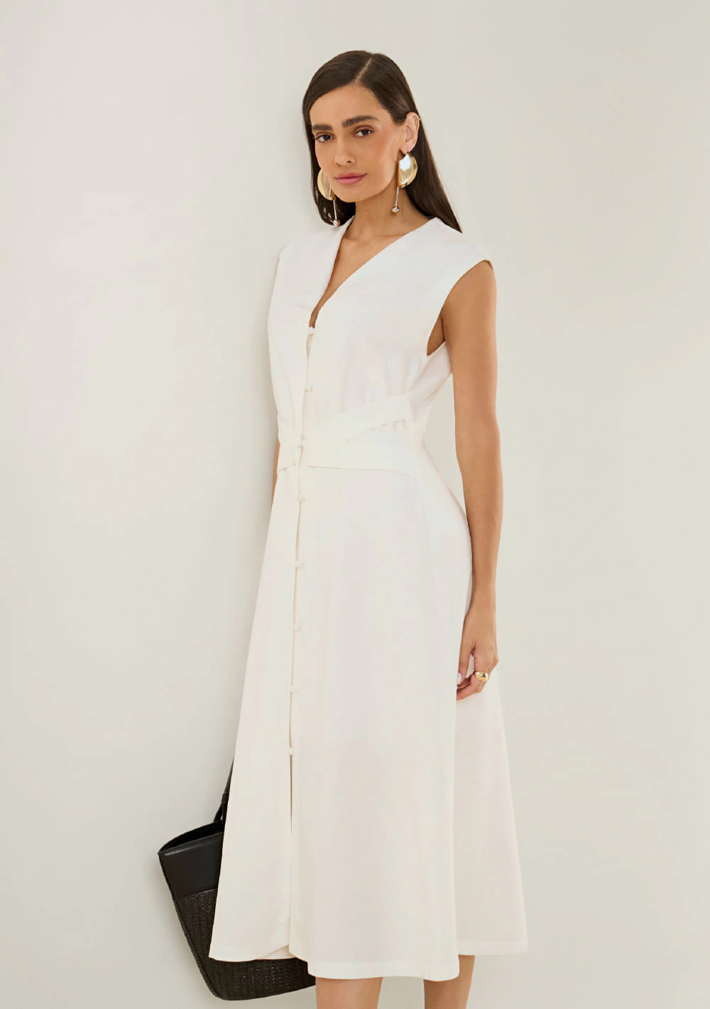 Vestido Maria.Valentina Ajustado Decote V Sem Manga Midi Off White