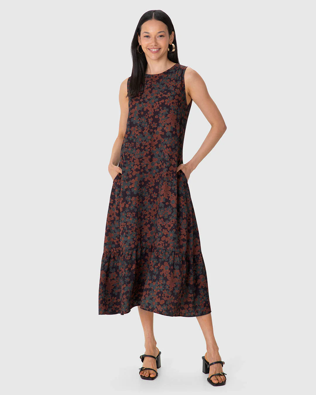 Vestido Midi Feminino Estampa Floral Bolso Funcional Em Viscose