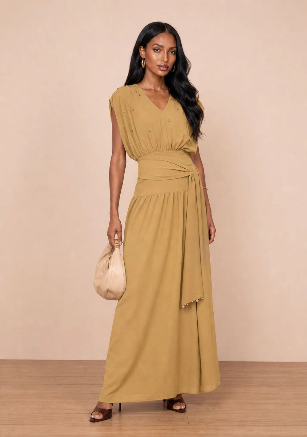 Vestido Longo Manga Curta Camélia Amarelo