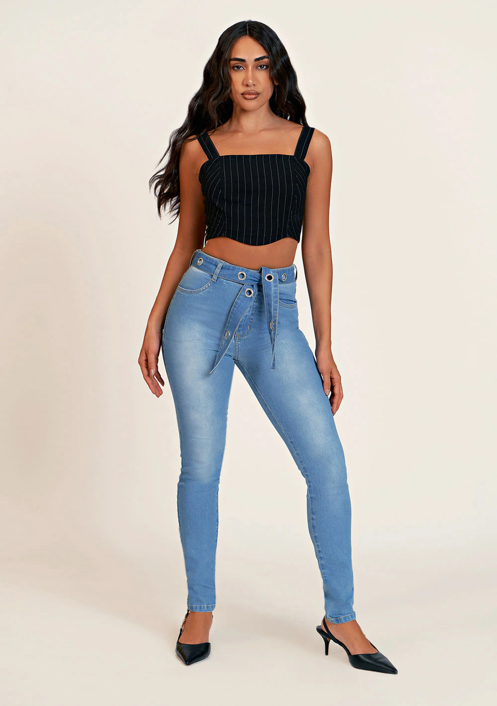 Calca Zinco Skinny Cós Alto Com Cinto Jeans