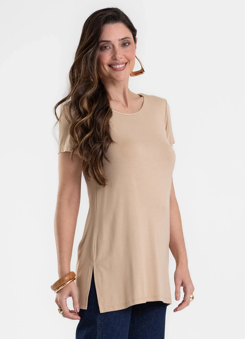 Rovitex - Blusa Feminina Alongada em Viscotorcion Bege