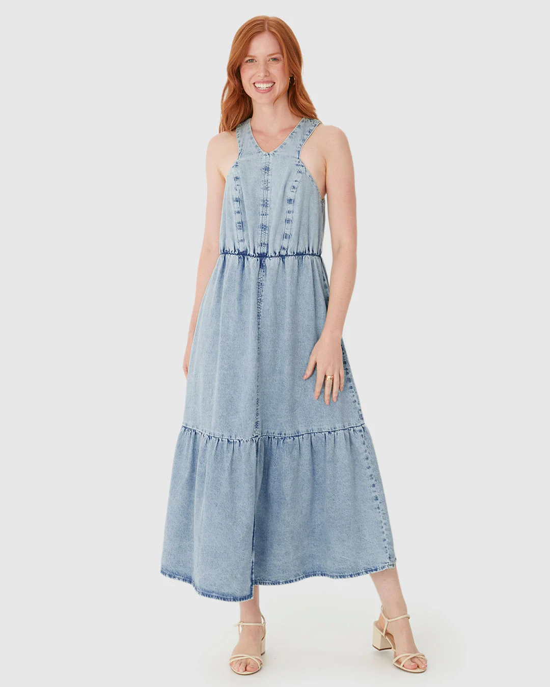 Vestido Feminino Marias Decote V Fenda Frontal Em Jeans Leve