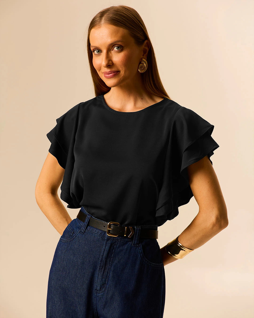 Blusa Feminina Manga Babados Em Tecido Crepe