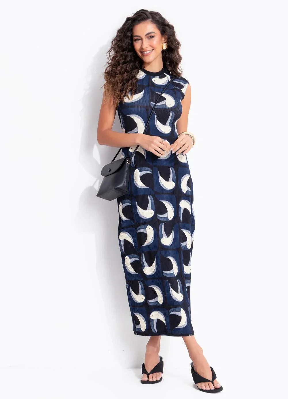 Farm - Vestido Midi Tuca Tropical Preto