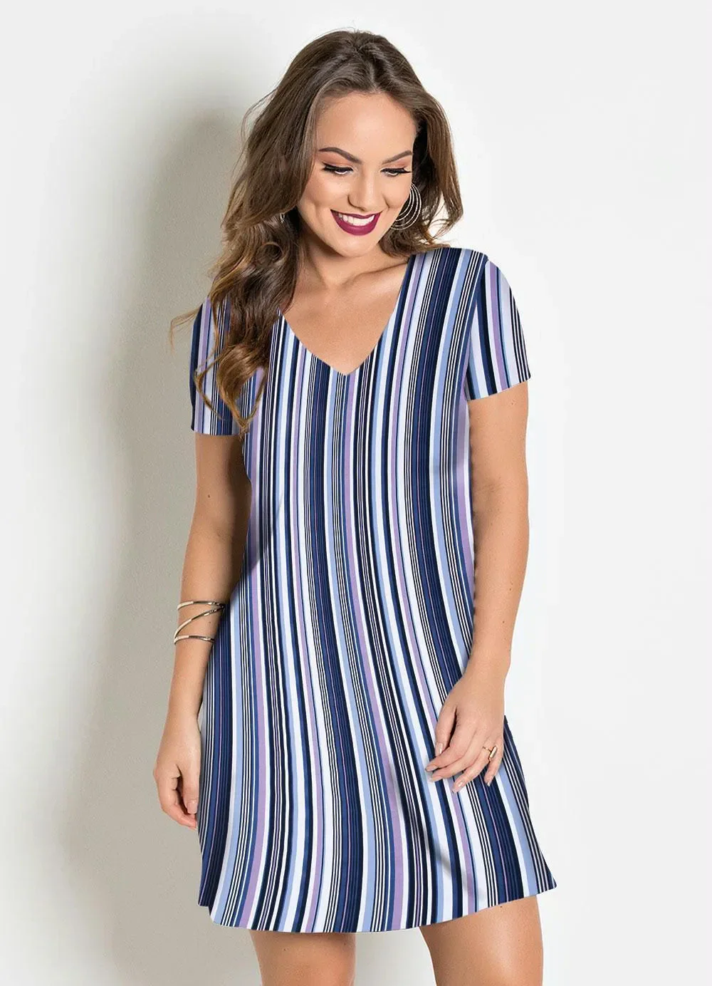 Moda Pop - Vestido com Decote em V Listrado Azul