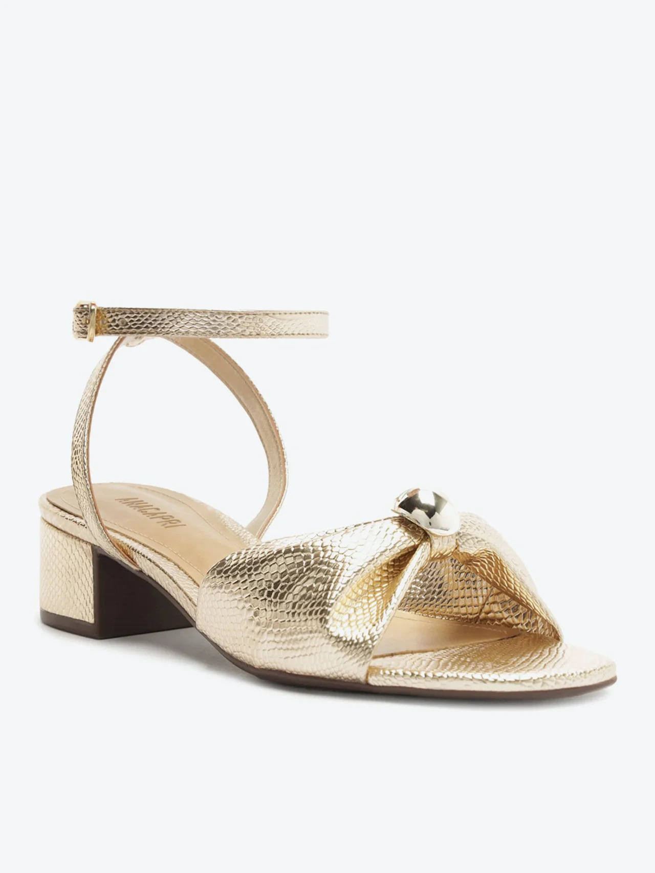 Sandália Salto Bloco Laço Esfera Croco Dourada