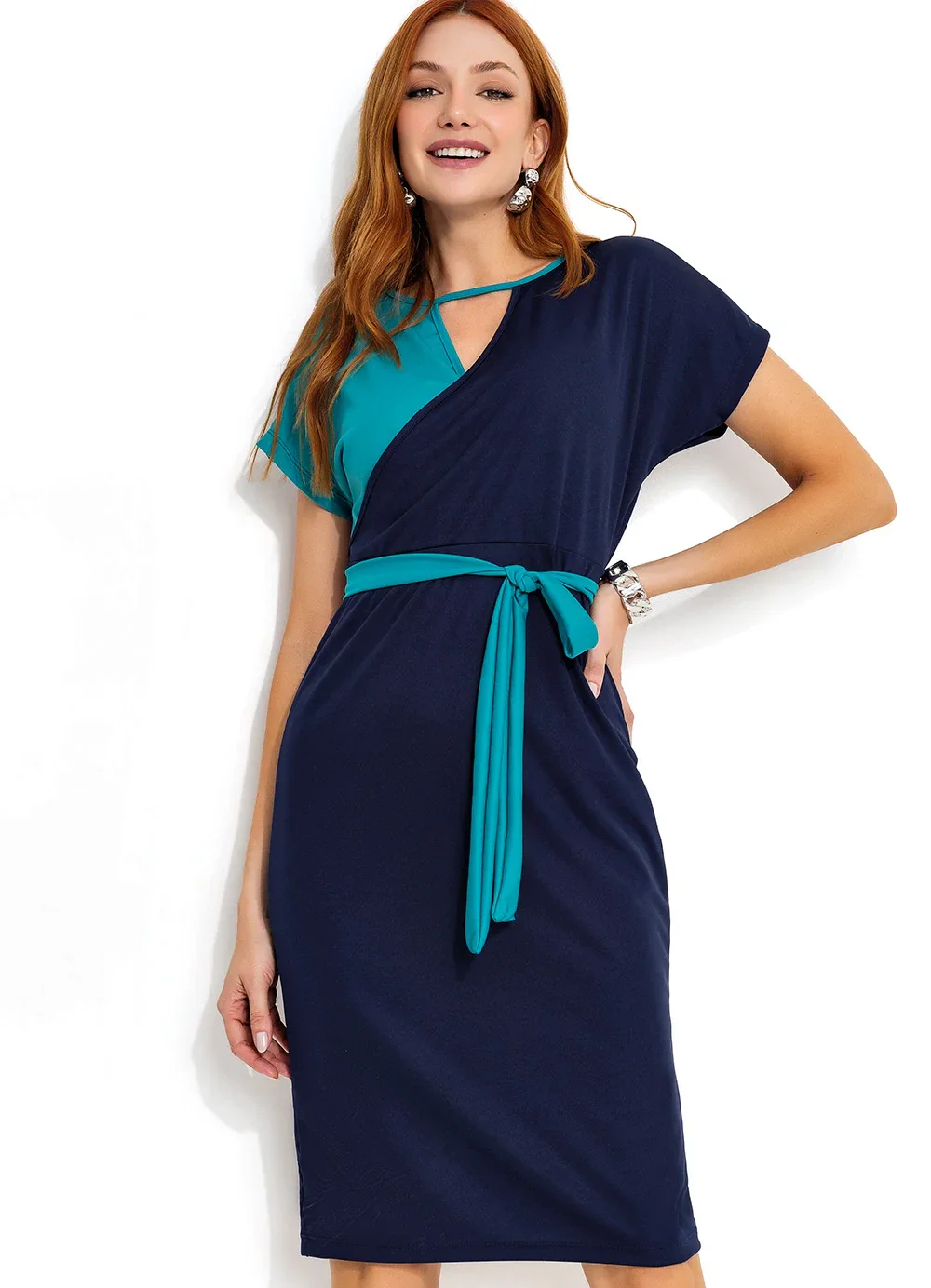 Moda Pop - Vestido Jade e Marinho com Transpasse e Faixa