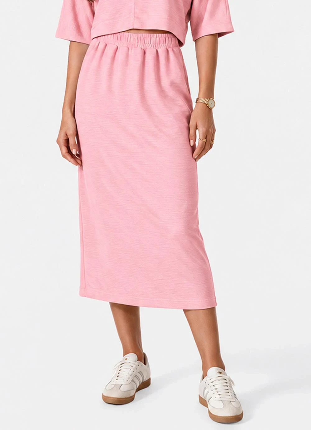 Dianna - Saia Midi com Fenda Atrás e Elástico no Cós Rosa