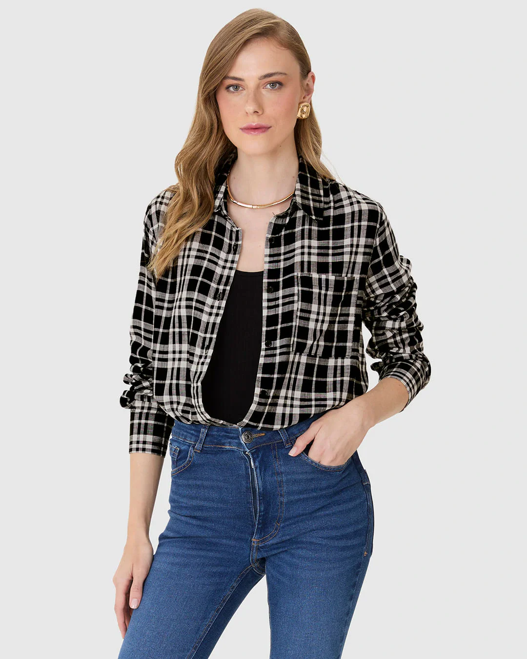 Camisa Feminina Manga Longa Xadrez Em Viscose Sarjada