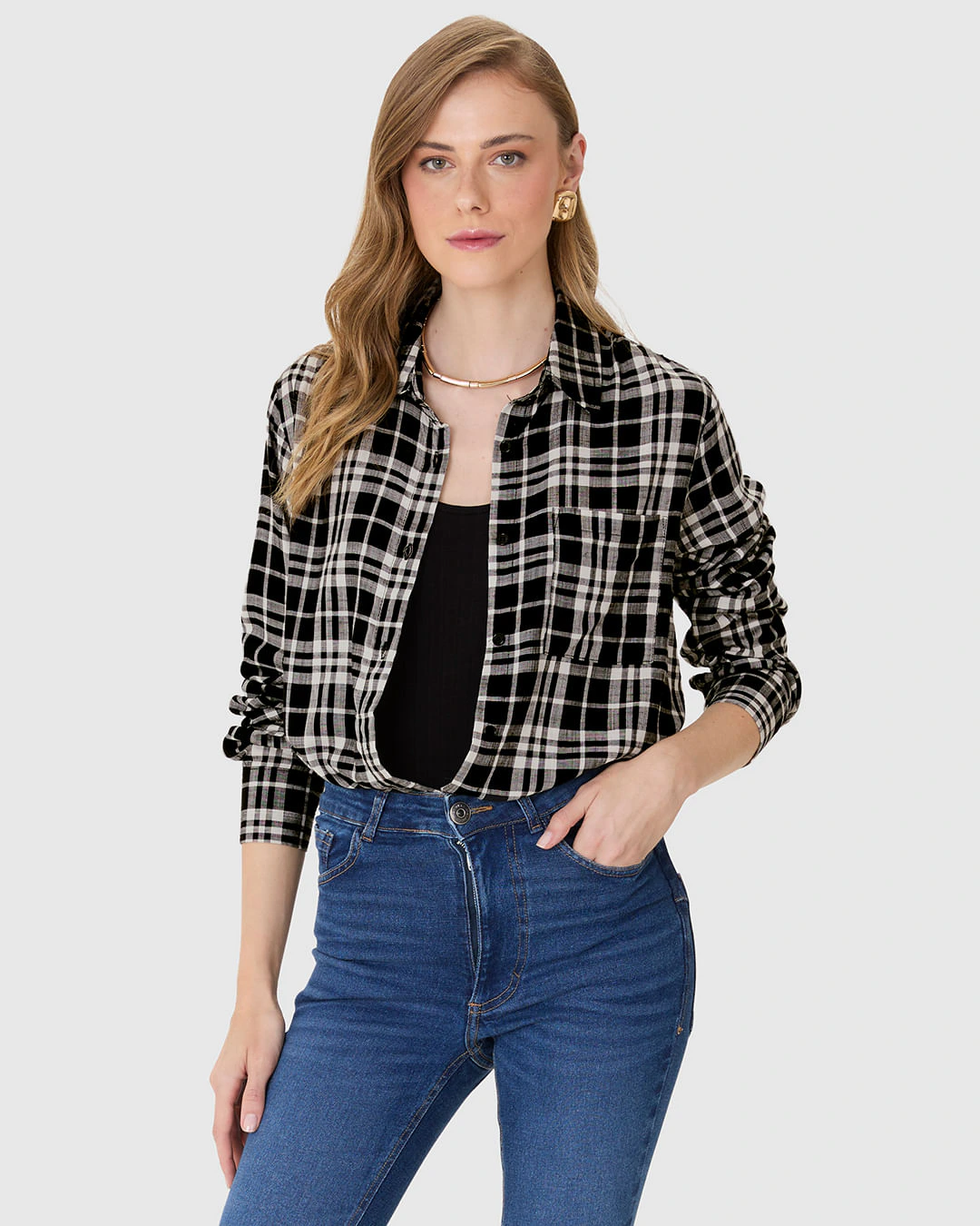 Camisa Feminina Manga Longa Xadrez Em Viscose Sarjada