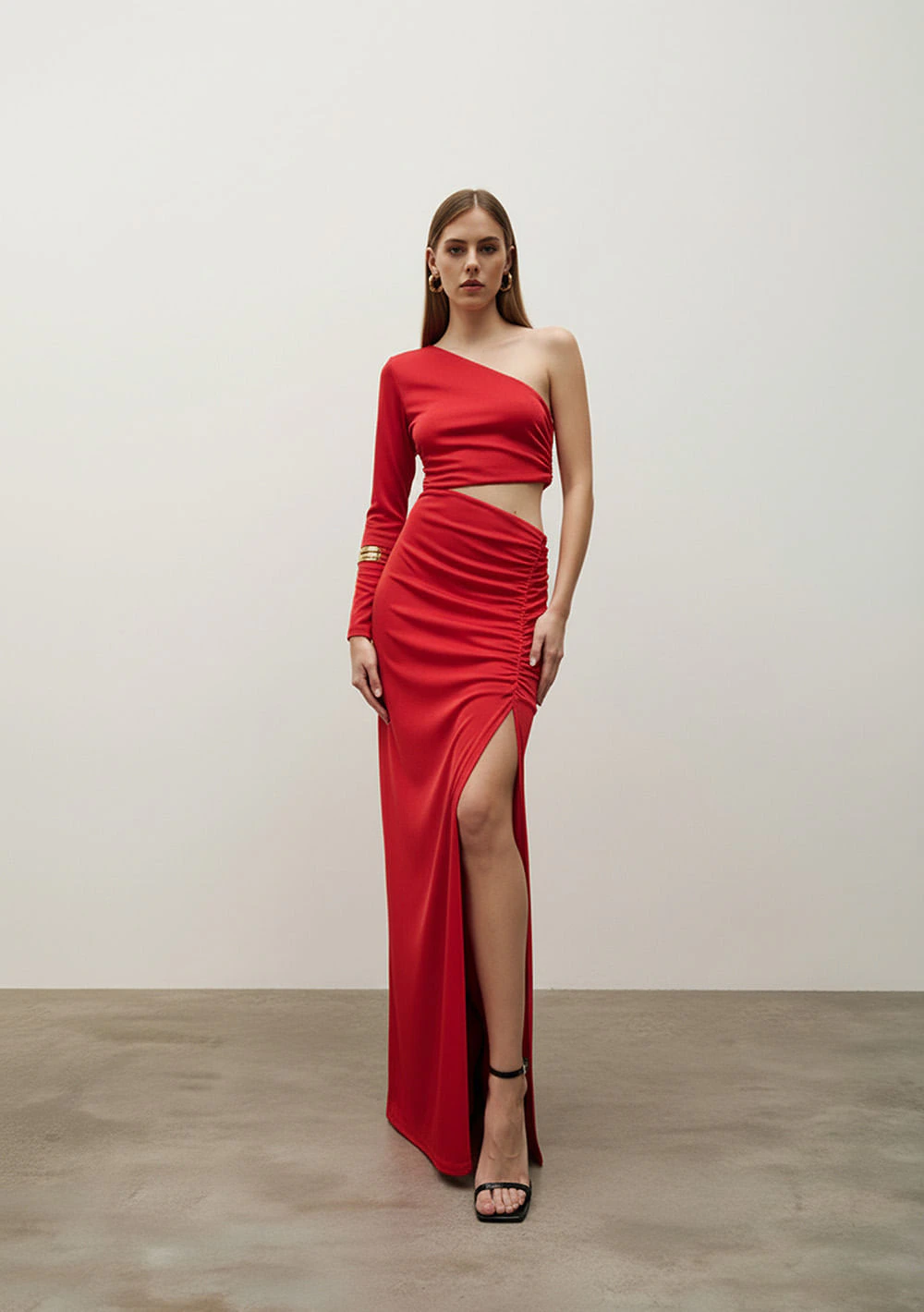 Vestido Iódice Ajustado Um Ombro Só Manga Longa Longo Vermelho