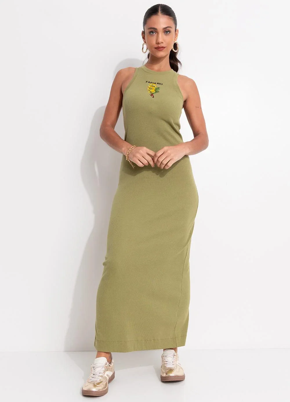 Farm - Vestido Midi Rib Cacho de Banana Verde