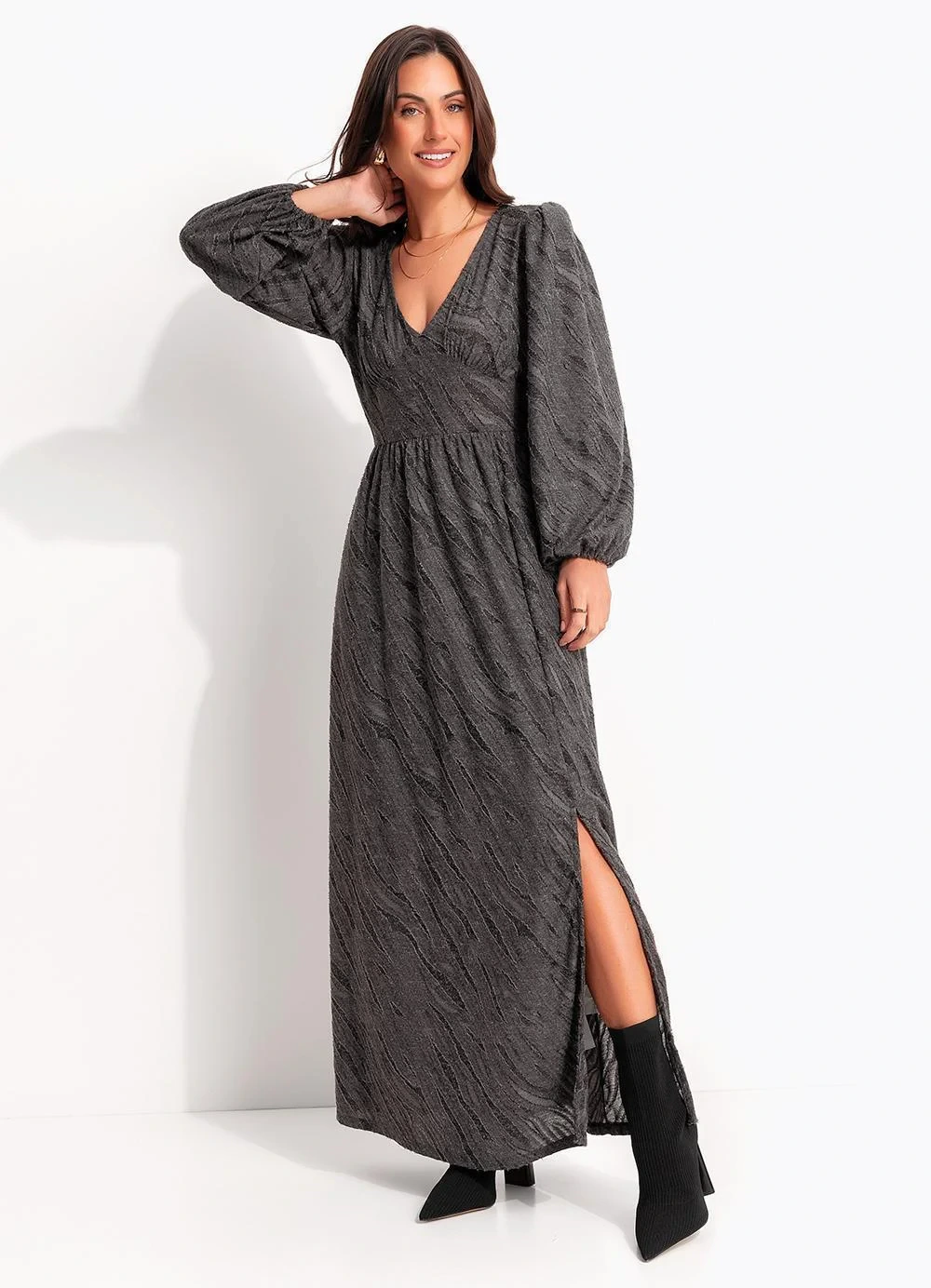 Quintess - Vestido Chumbo em Malha Jacquard Texturizada