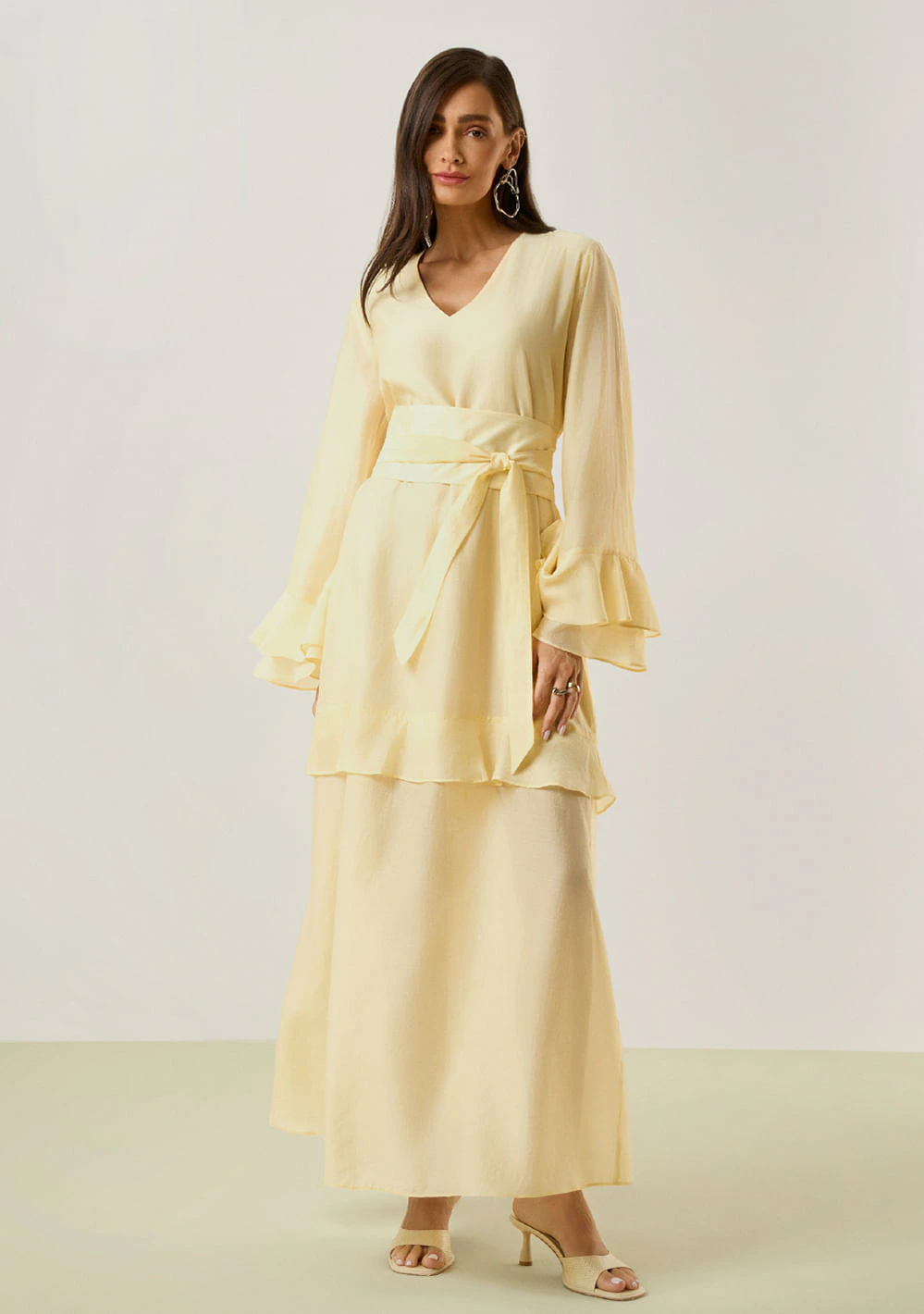 Vestido Maria.Valentina Solto Decote V Manga Longa Longo Amarelo