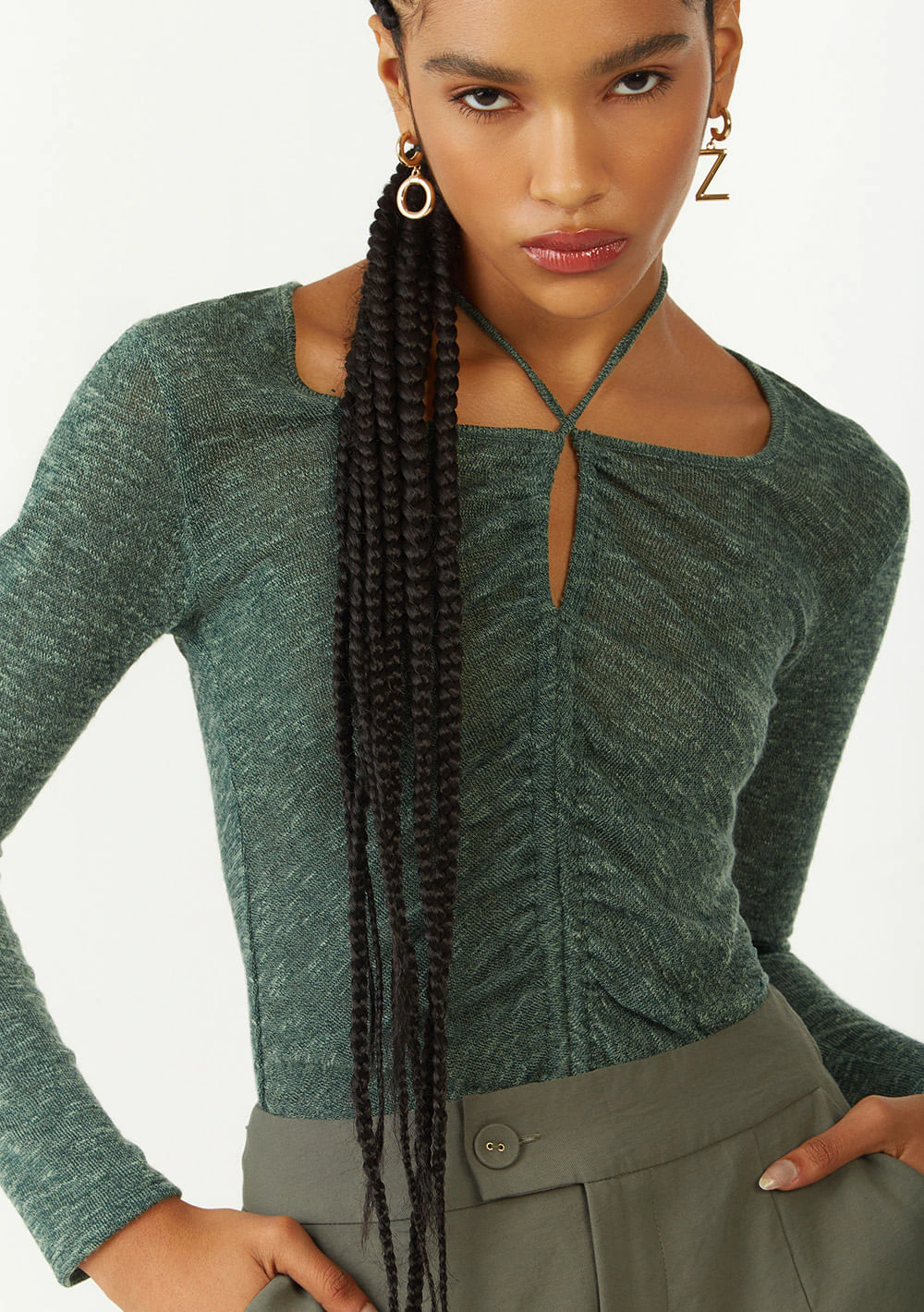 Blusa Zinco Ajustada Decote Reto Manga Longa Padrão Verde