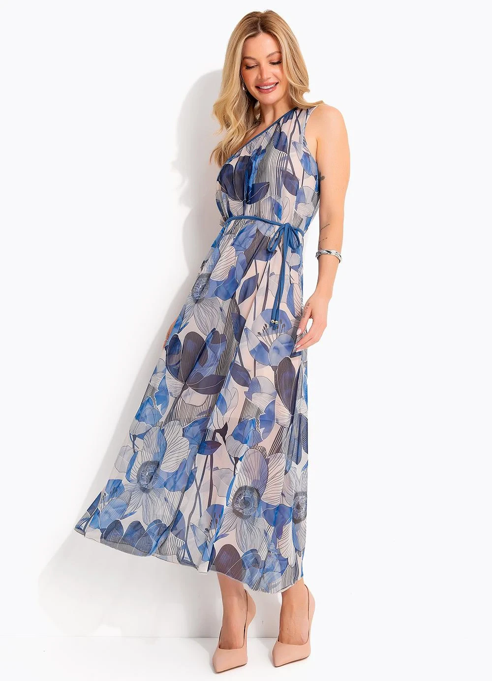 Quintess - Vestido Floral Azul em Tule