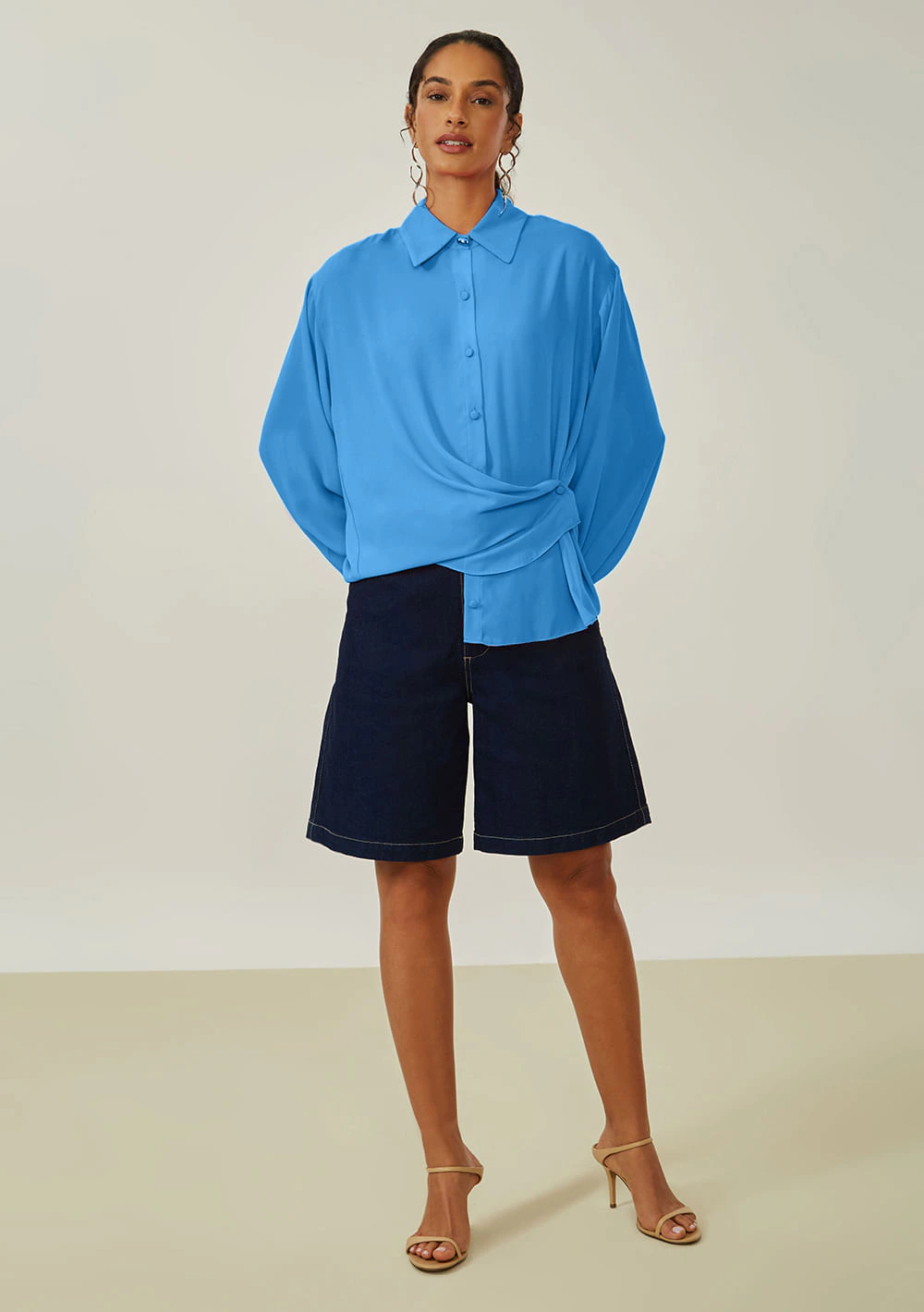 Camisa Maria.Valentina Solta Gola Tradicional Manga Longa Padrão Azul