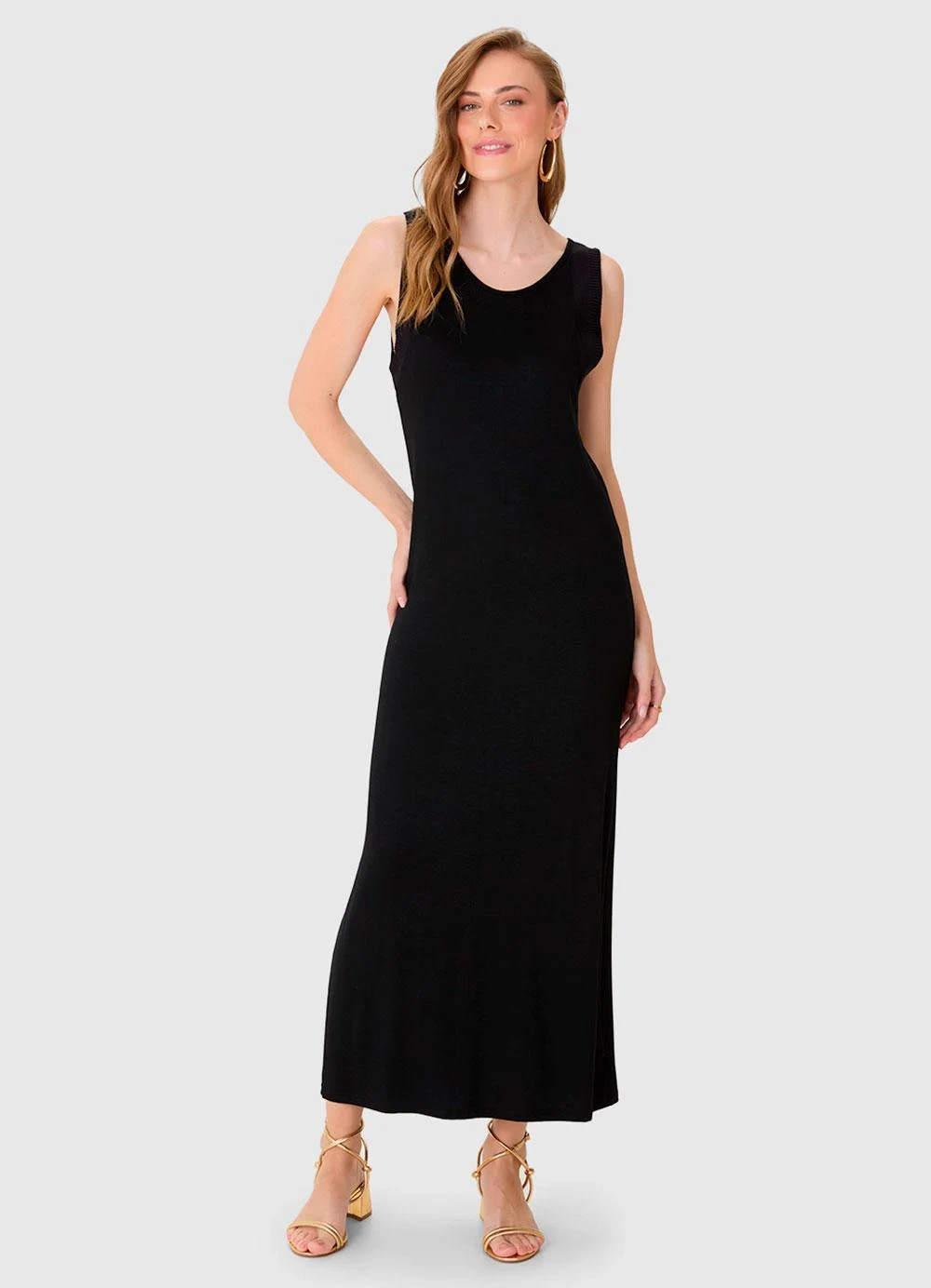 Malwee - Vestido Mídi Reto em Viscose Preto