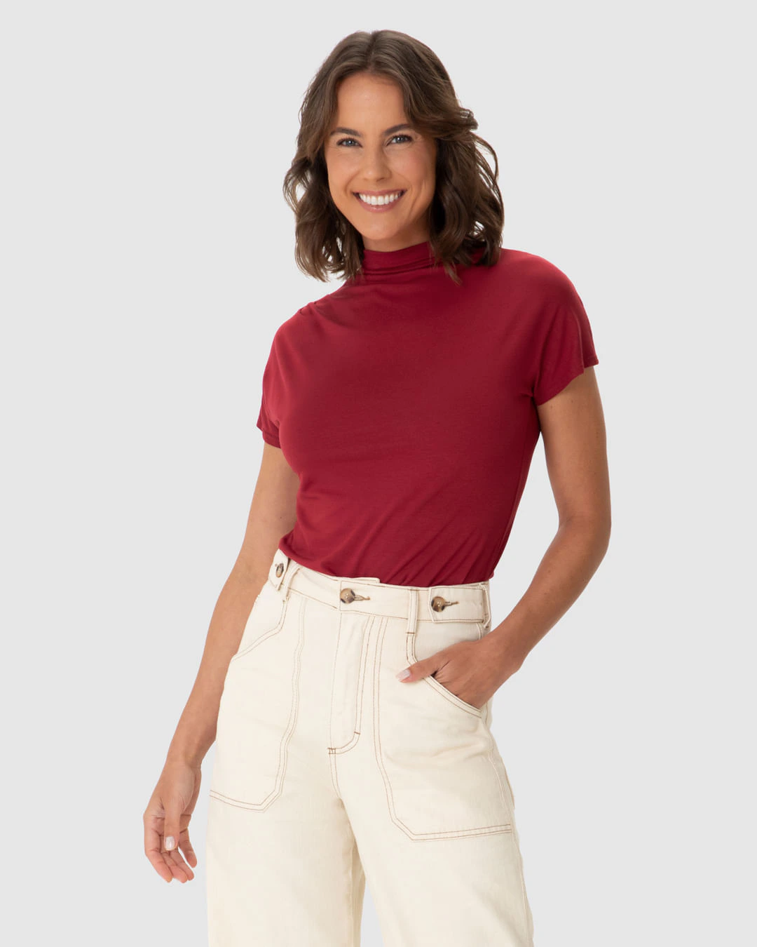 Blusa Feminina Gola Alta Detalhe Pregas No Ombro Em Viscose Stretch