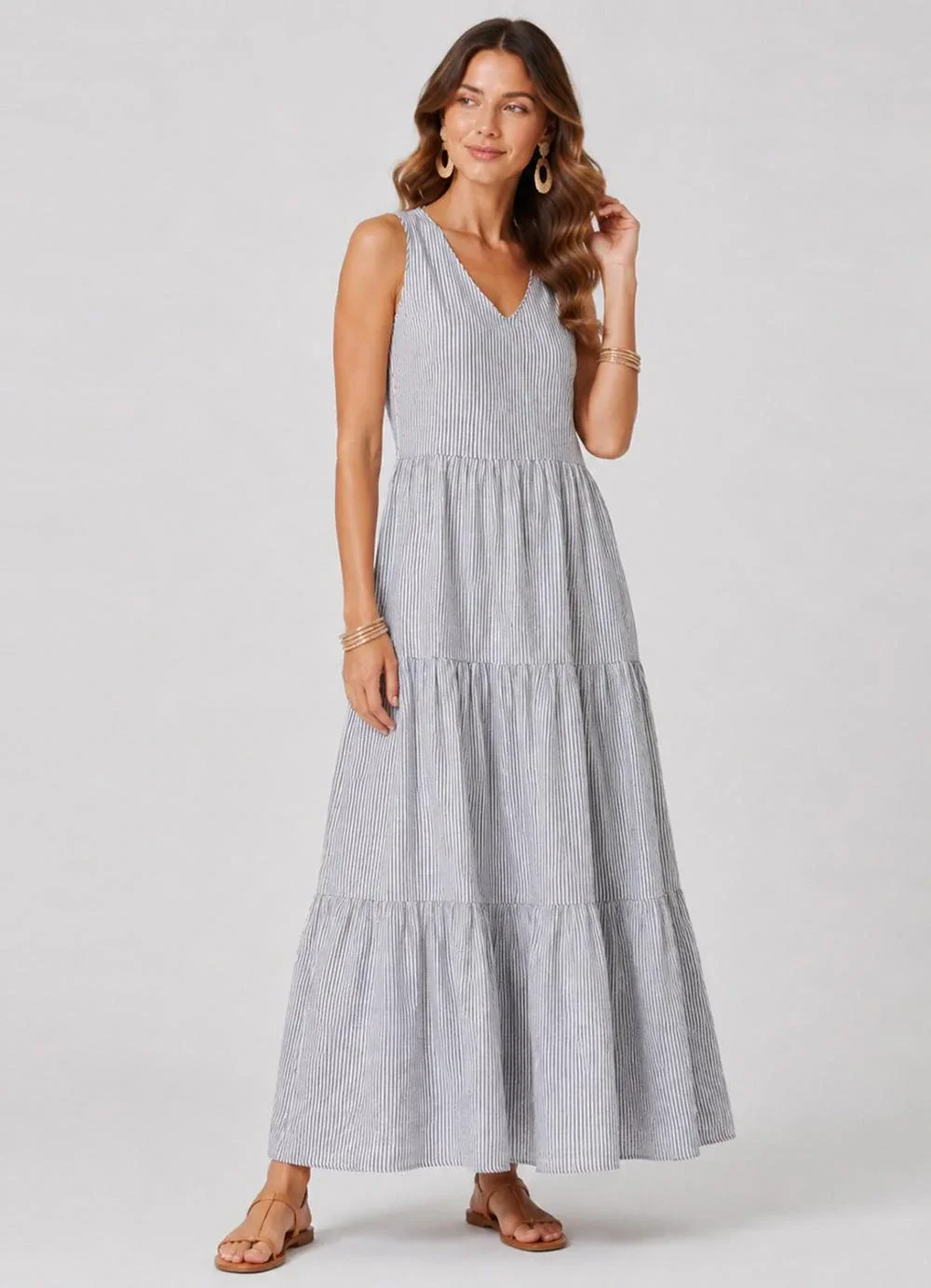 Rovitex - Vestido Midi Feminino Listrado Preto