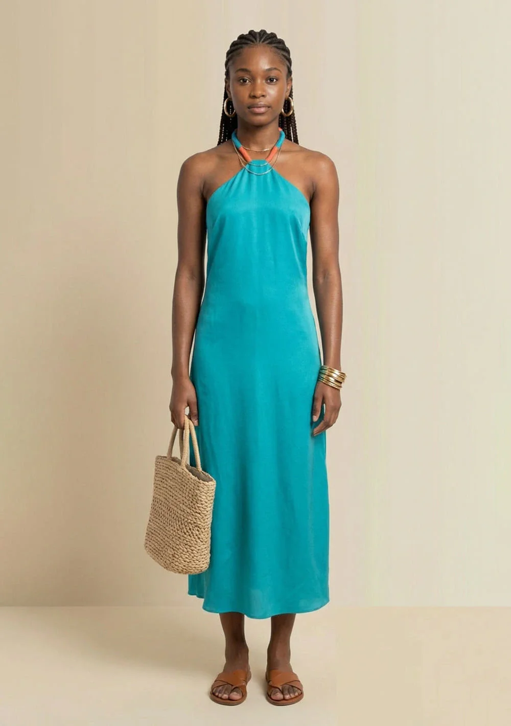 Vestido Morena Rosa Solto Decote Costas Sem Manga Longo Azul