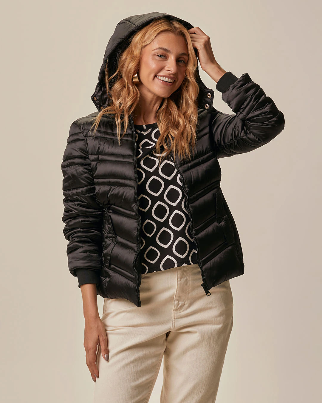 Jaqueta Puffer Feminina Capuz Removível Em Tafetá