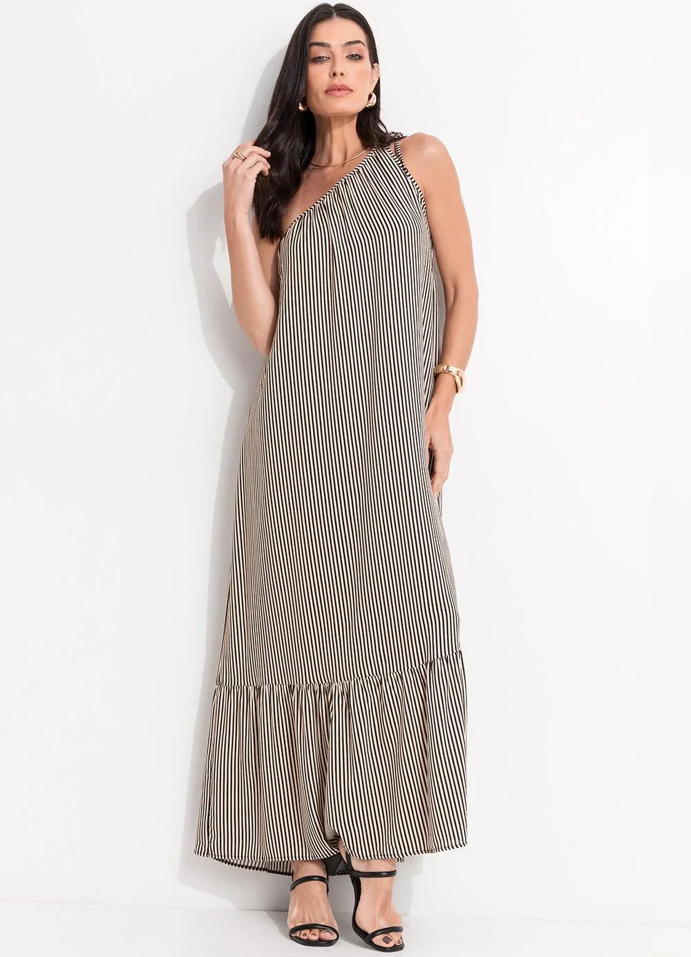 Quintess - Vestido Listrado Preto em Viscose Plana