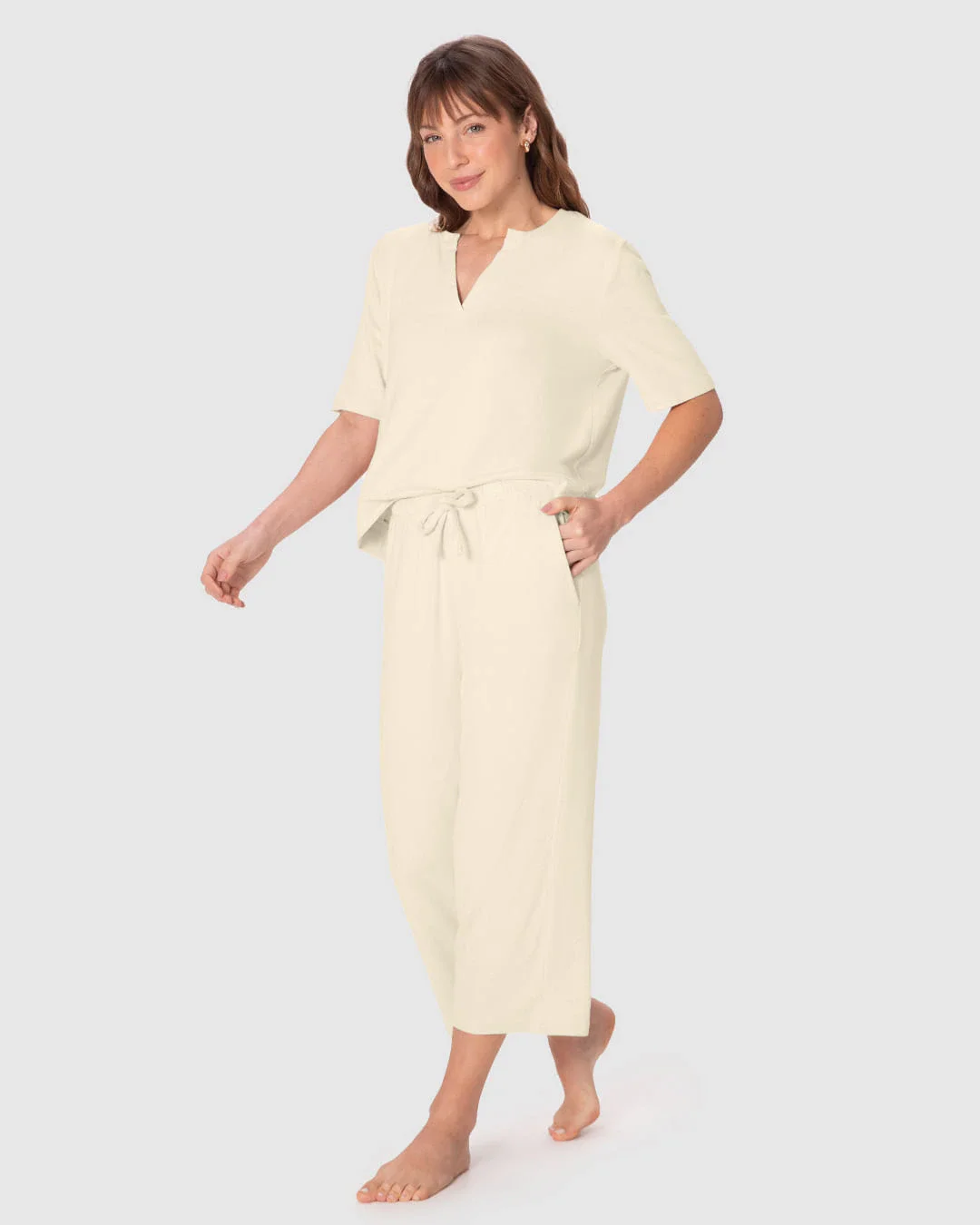 Pijama Longo Feminino Blusa E Calça Capri Bolso Faca Em Tricô