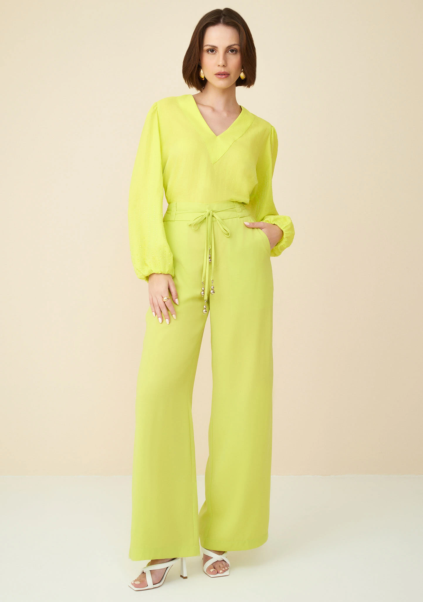 Calça Maria.Valentina Pantalona Cós Alto Detalhe Viés Verde Claro