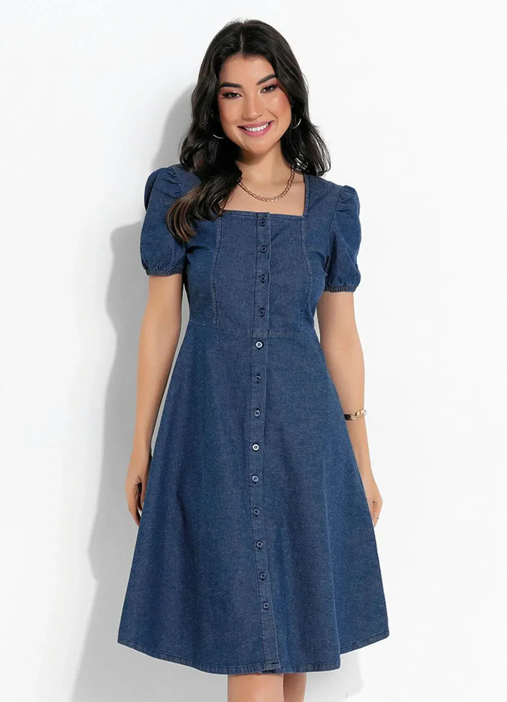 Rosalie - Vestido Jeans com Botões Moda Evangélica