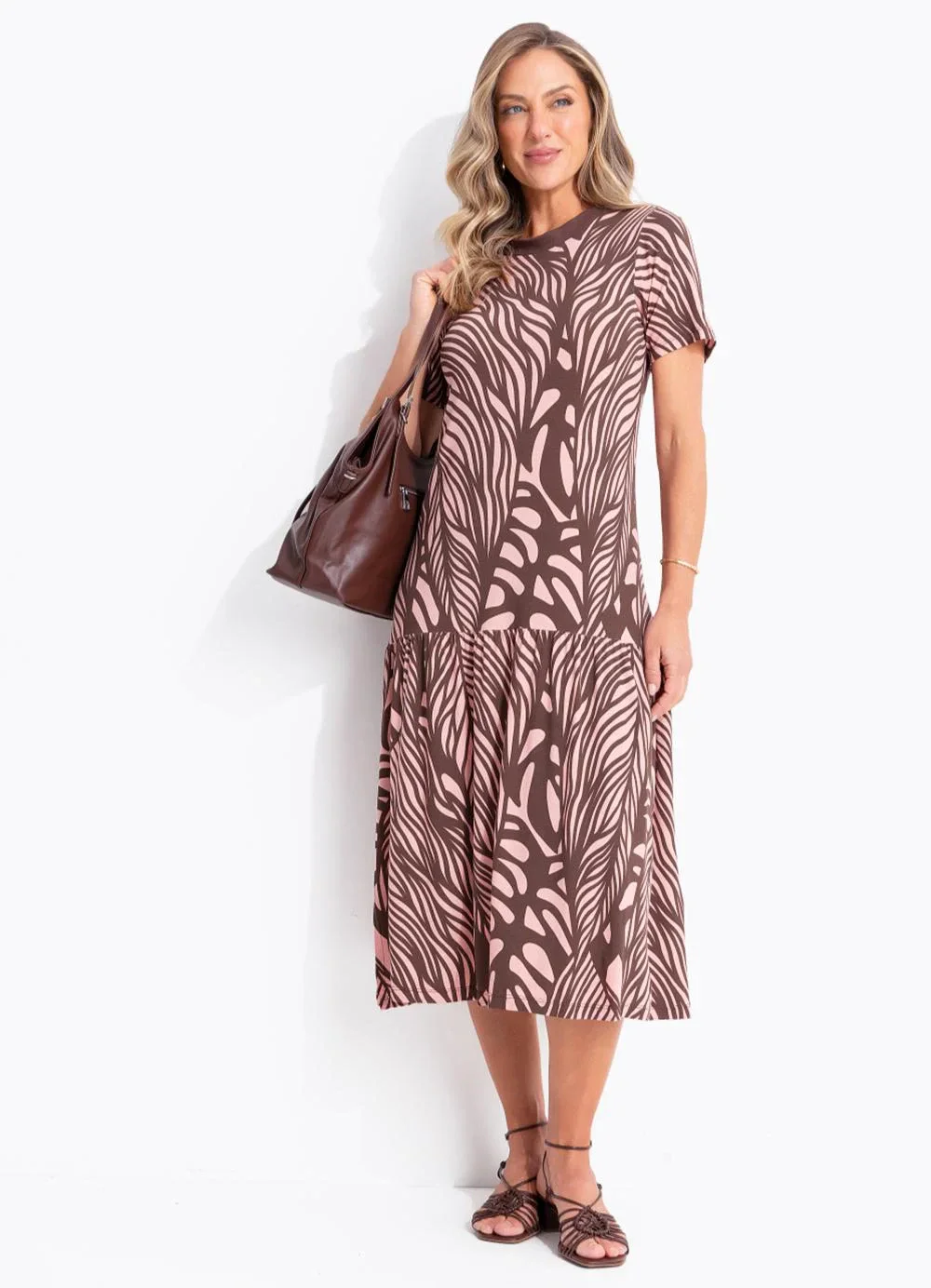 Quintess - Vestido Folhagem Rosê em Malha de Viscose